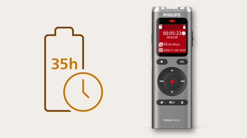 Rechargeable battery provides up to 35 hours of recording time
